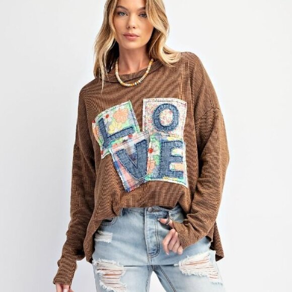 Love Patch / Patchwork Olive Rib Knit Top by Easel - Picture 1 of 7